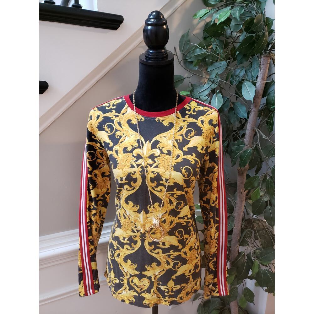 Original Gravity Blouse Top Women's Small Yellow Black Long Sleeve Crew Neck